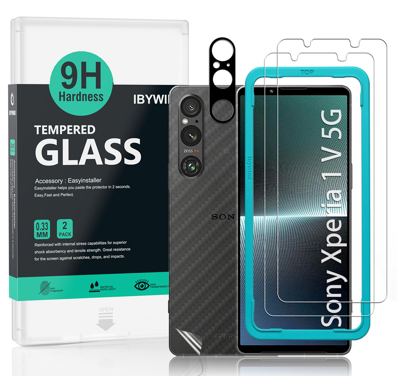 IBYWIND Screen Protector For Sony Xperia 1 V 5G ,with 2 Pcs Tempered Glass,1 Pc Camera Lens Protector,1 Pc Backing Carbon Fiber Film [Fingerprint Reader,Easy to install]