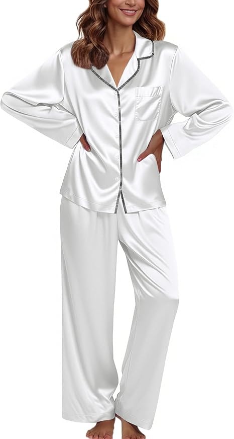 Ekouaer Pajamas For Women Set Silk Pjs 2 Piece Satin Sleepwear Long Sleeve Button Down Lounge Sets With Pant